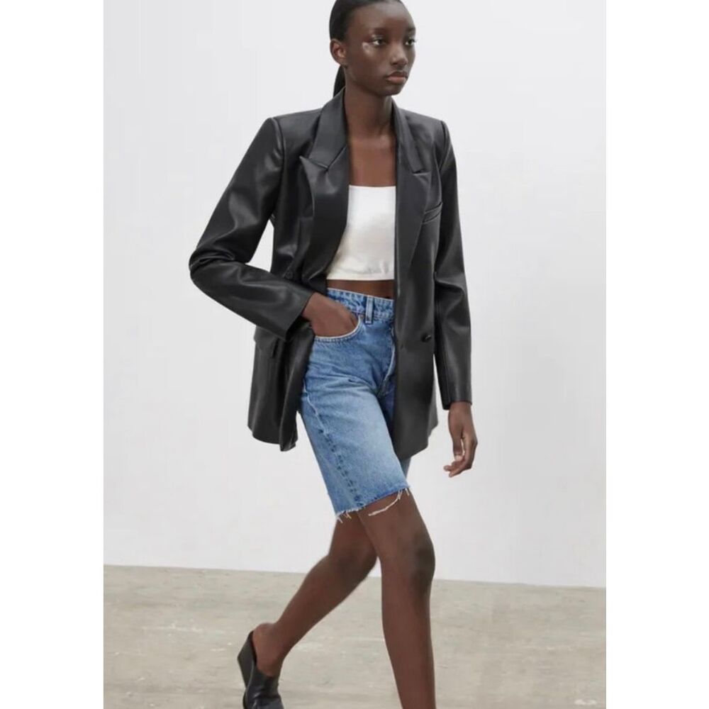 New without tag Zara Faux Leather Double Breasted Blazer black size large